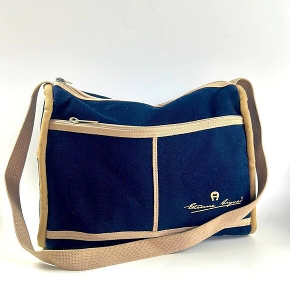 Vintage Etienne Aigner blue Large Shoulder Bag Canvas Tan - Picture 1 of 11